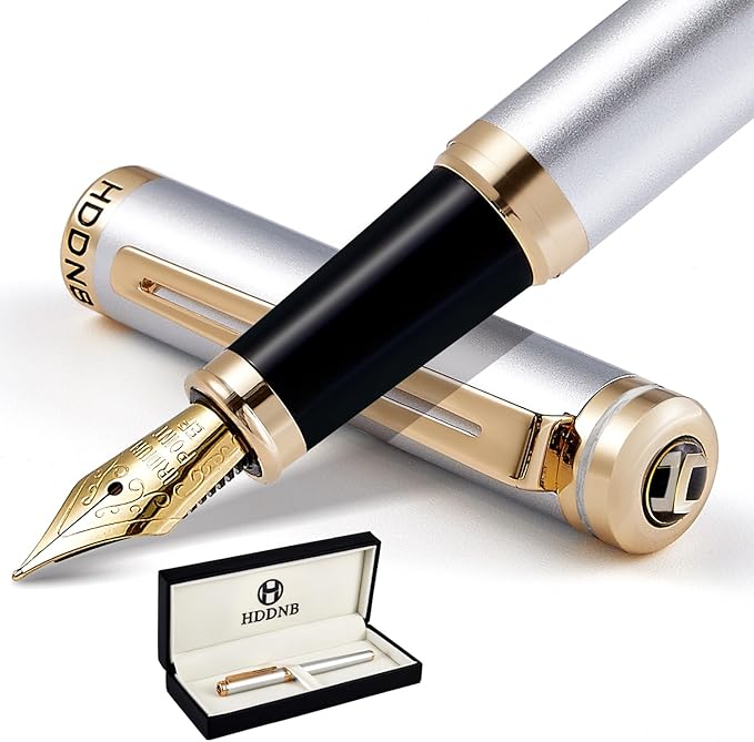 HDDNB Silver Luxury Fountain Pen Set for Men and Women with Gift Box, 24K Gold Finish and Gilded Nib(Extra Fine) with 5 Black Ink Cartridges and Converter