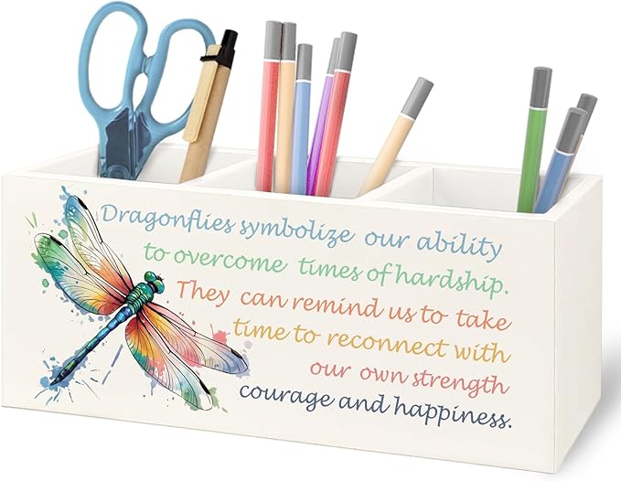 URLLUAE Inspirational Dragonfly Wooden Pen Pencil Holder for Office Desk Accessories, Motivational Gifts for Women, Encouragement Gifts Makeup Brush Toothbrush Holder Organizer
