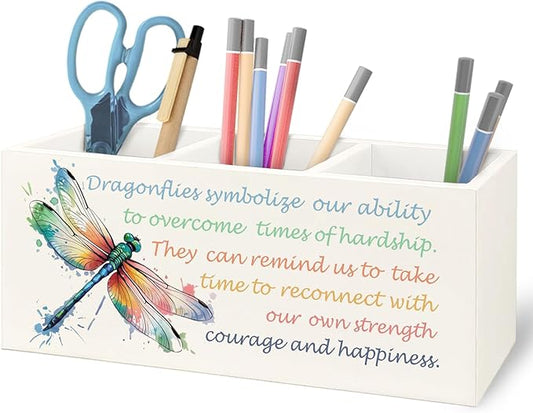 URLLUAE Inspirational Dragonfly Wooden Pen Pencil Holder for Office Desk Accessories, Motivational Gifts for Women, Encouragement Gifts Makeup Brush Toothbrush Holder Organizer
