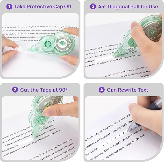 JEFURE 12 Pcs Colorful Core Correction Tape, 39.37 Ft White Wrong Out Tear-Resistant Bulk, Instant Corrections Easy to Use Applicator for School, Office, Note Taking, Journal (Tape Width 0.2 in)