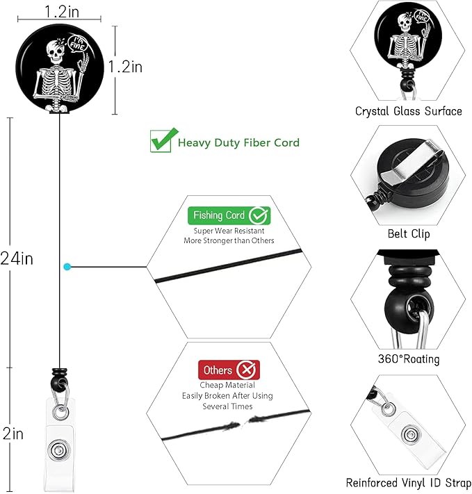 Skull Skeleton Badge Holder Retractable Lanyard, Lanyards for ID Badges Name Tags Vertical Card Holder, Detachable Lanyard Badge Reel Retractable, Teacher Nurse Workers Women Office Gifts I'm Fine