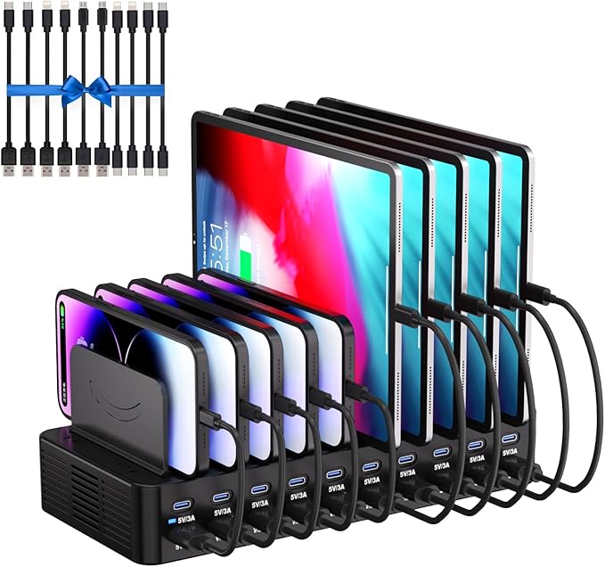270W Charging Station for Multiple Devices, 20-Port USB Fast Charging Station with Adjustable Dividers & 10 Cables, Multi Device Organizer Charging Dock for iPhone, iPad, Tablets & More