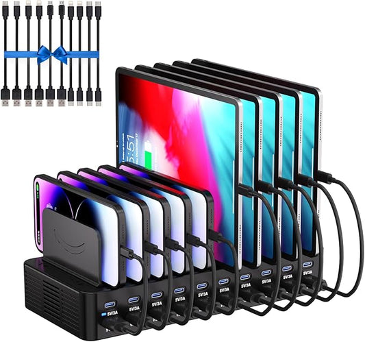 270W Charging Station for Multiple Devices, 20-Port USB Fast Charging Station with Adjustable Dividers & 10 Cables, Multi Device Organizer Charging Dock for iPhone, iPad, Tablets & More