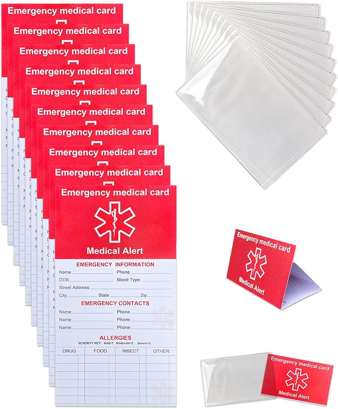 Emergency Contact Card for Wallet 10 Pack with 10 Sleeves, Red Thick Cardstock Medical Alert Allergy Cards for Wallet, Medication List Wallet Size Card for Phone, Handbags, Retirement Community