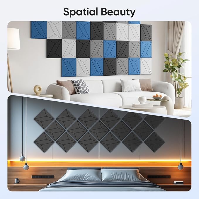 UNECHO 12 Pack 12" X 12" X 0.4" Acoustic Panels for Wall Sound Absorbing, P-Stripes Square Self-Adhesive Sound Panels, High Density Suitable for Multiple Scenarios(Yale Blue)