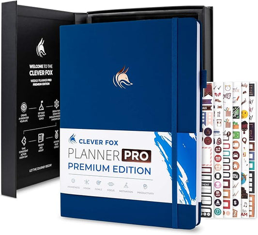 Clever Fox Planner Pro Premium – Luxurious Weekly & Monthly Planner with Budget Organizer for Productivity & Goals, Undated, A4 (Navy Blue)