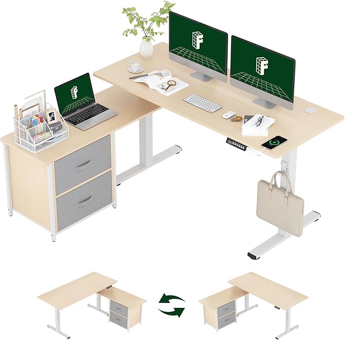 FLEXISPOT 55" L Shaped Standing Desk with Drawers and Shelves, Large Corner Stand Up Desk with Headphone Hooks for Home Office, Light Wood Grain Top+ White Frame