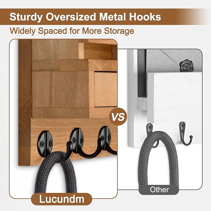 Lucundm Key Holder Wall Mount, Mail Holder with Storage Drawer and 5 Key Hooks for Coat, Dog Leash, Home Decor Rack, House Accessories, Entry Way Organizer (Wood)