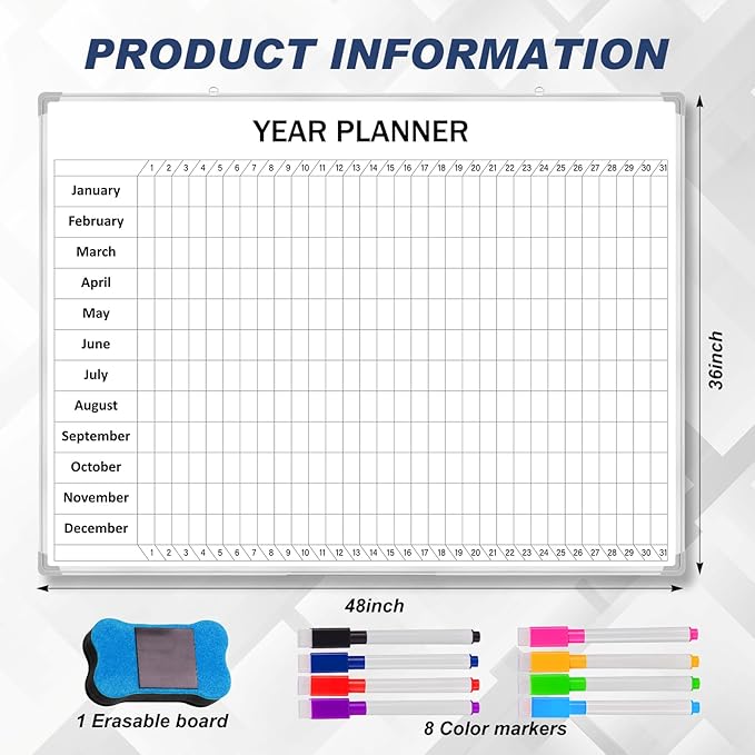 Lincia Extra Large 48" x 36" Magnetic Vertical Year Planner Dry Erase Calendar 2026 for Wall Undated Dry Erase Wall Calendar Planner Aluminum Frame Whiteboard for Home Office Projects