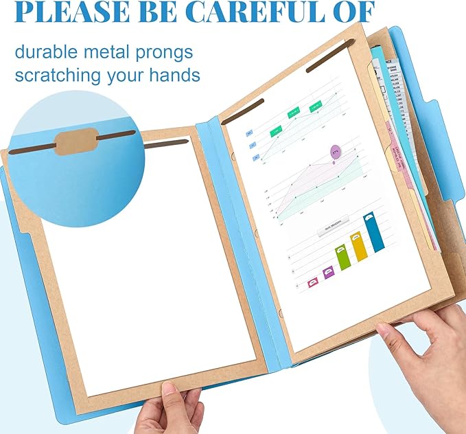 12 Pcs Classification Folders Letter Size 3 Pocket Dividers Employee File Folder with 2 Prongs Fasteners, 2 in Expansion Heavy Duty Pressboard File Holder for School Office Medical Document(Blue)