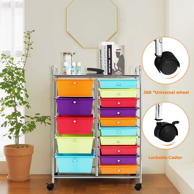 HAPPYGRILL 15-Drawer Rolling Cart, Storage Carts with Removable Drawers & Steel Frame, Utility Cart on Lockable Wheels for Home, School, Office,Multicolorful