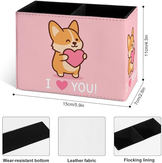 Famame Corgi I Love You Pencil Holder for Desk, Leather Desktop Container Pen Cup Storage Study Table Pen Organizer Makeup Brushes Holder for Office Home