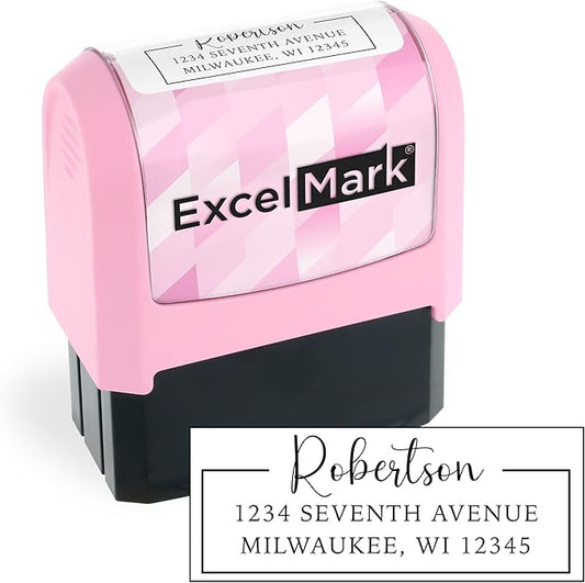 ExcelMark Address Stamp - Custom Return Address Stamp with Elegant Designs, Vibrant Colors & Patterns – Perfect for Mail, Invitations & Gifts (Pink Mount, Signature Frame)
