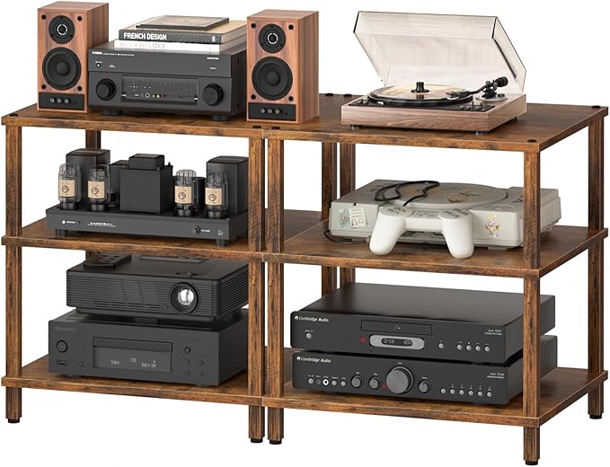 LELELINKY 3-Tier AV Media Player Stand Set of 2, Brown Stereo Cabinet, Wooden TV Stand,Game Console Shelf, Multifunctional Entertainment Center, Suitable for Home, Conference Room, Game Studio