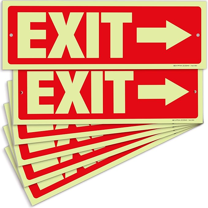 iSYFIX Exit Signs with Directional Right Arrow - 6 Pack 12x4 Inch Glow in the Dark for Business, School, Office, Warehouse - Durable 40 Mil Polystyrene, UV Laminated, Waterproof, Scratch & Fade Resistant