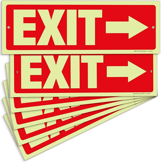 iSYFIX Exit Signs with Directional Right Arrow - 6 Pack 12x4 Inch Glow in the Dark for Business, School, Office, Warehouse - Durable 40 Mil Polystyrene, UV Laminated, Waterproof, Scratch & Fade Resistant