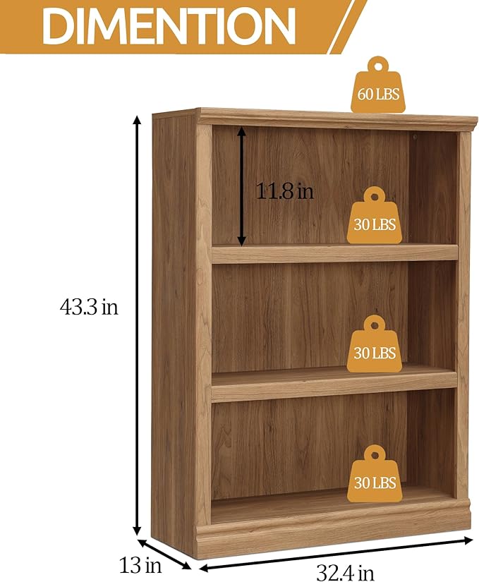 blini 3-Shelf Bookcase Wooden Bookshelves 33in Wide Floor Standing Display Storage Shelves Oak Bookcase for Home Office, Living Room, Bed Room