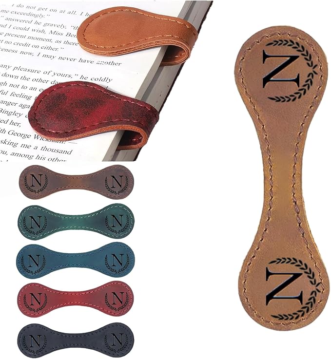 Personalized Magnetic Leather Bookmark, 26 Letters Custom Leather Bookmarks, Handmade, Leather Magnetic Bookmark for Book Lovers Readers Women Kid(Dark Yellow，N）
