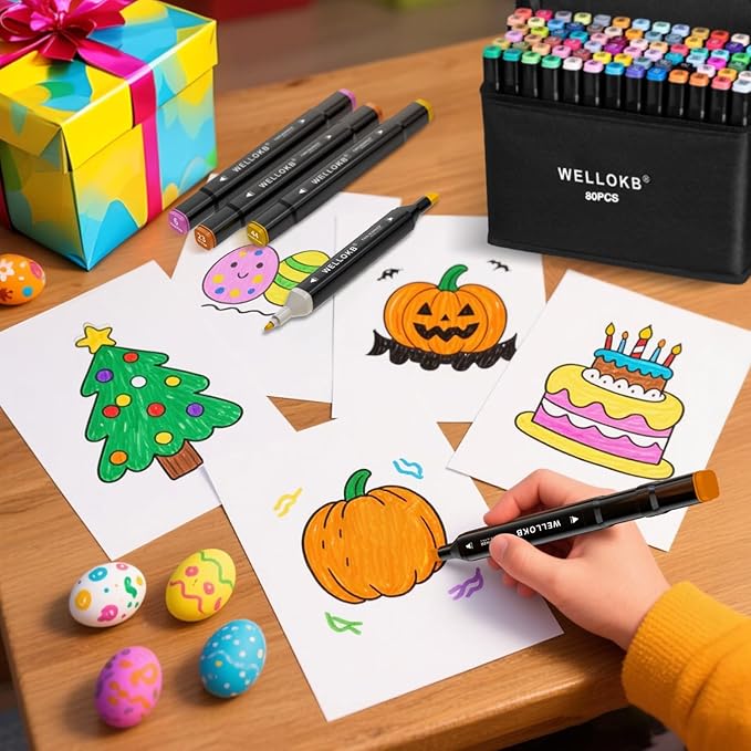 WELLOKB Alcohol Markers, 80 Colors Dual Brush Tip Permanent Art Markers, Coloring Marker, for Book Painting Card Making, Christmas gift for Adults Artists