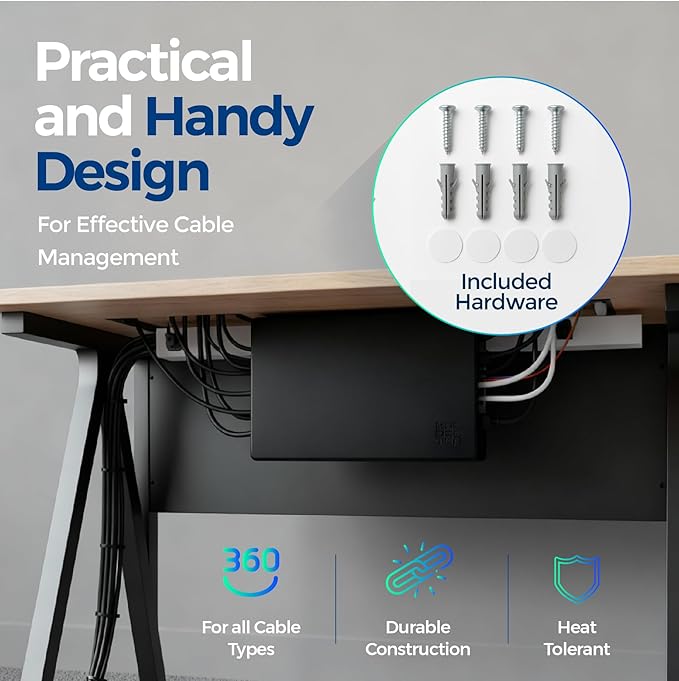 Kos Design Cable Management Box with Included Mounting Hardware – ABS Cord Organizer (12,7 x 7,8 x 4,5 in) | Heat-Tolerant Power Strip & Cable Storage | Wall-Mountable or Floor Use