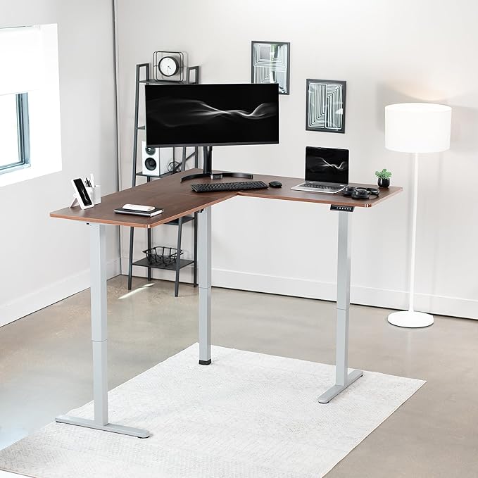 VIVO Electric Corner 63 x 55 inch L-Shaped Standing Desk, Memory Height Adjustment, Dark Walnut Top Gray Frame, DESK-E3CTGD