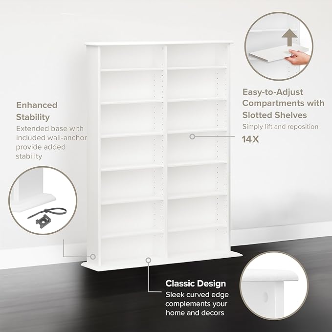 Prepac 2 Column Display Cabinet, White and Tall Storage Cabinet with 14 Adjustable Shelves for DVD Storage, 8.75" D x 38.75" W x 51" H, WMA-0640