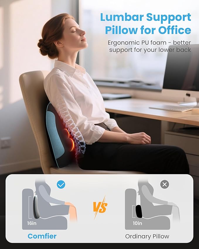 COMFIER Cordless Back Support Pillow for Office Chair, Lower Back Massager with Heat, Shiatsu Back Support Cushion, Rechargeable & Portable for Office, Home Use, Gift for Women