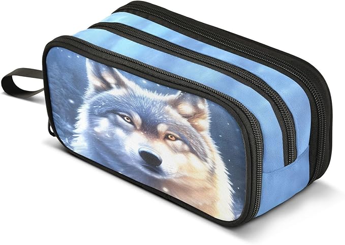 BOENLE Wolf Snowy Pencil Case Box Boys Girls Large Pencil Pouch Zipper Compartments Big Capacity Stationery Pen Bag Organizer for Kids Teens Adults School