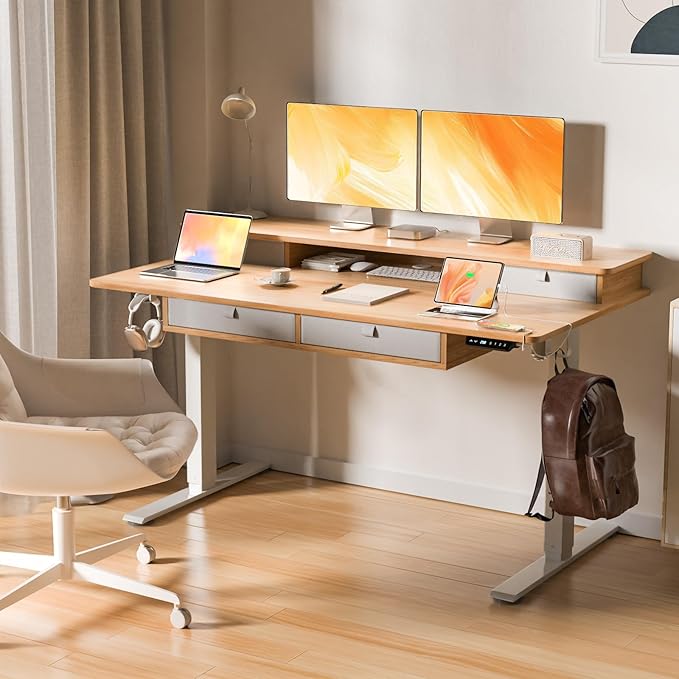ExaDesk 55 * 30 Inches Electric Standing Widened Desk Adjustable Height with 4 Drawers, Double Storage Shelves, Home Office Workstation Sit Stand up Desk (Nature)