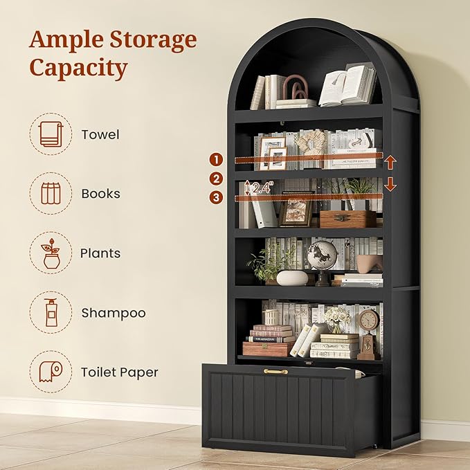 81" Tall Arched Cabinets,Bookcase with Drawer storage,Mid-Century Modern 5-Tier Bookshelf,2 Book Risers and Adjustable Shelves offering more storage space for Living Room,Kitchen,Home Office,Black