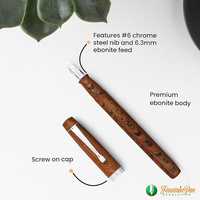 FPR Himalaya V2-Chrome Ultra Flex Nib Pen - Twist-Style Converter Filled Calligraphy Pens for Writing - Fancy Pens for Men & Women - Flex Fountain Pen w/Metal Clip & Cap Ring (Brown Ebonite)