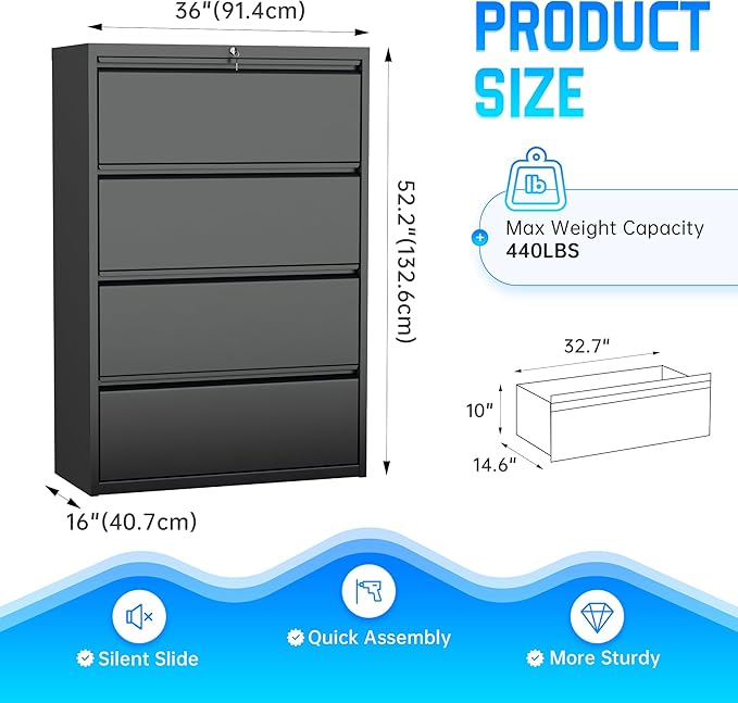 Greenvelly 4 Drawer File Cabinet, Metal Filing Cabinet with Lock, Black Lateral File Cabinet for Home Office, Locking File Cabinet for Letter/Legal/F4/A4 Size Hanging Files, Easy Assembly