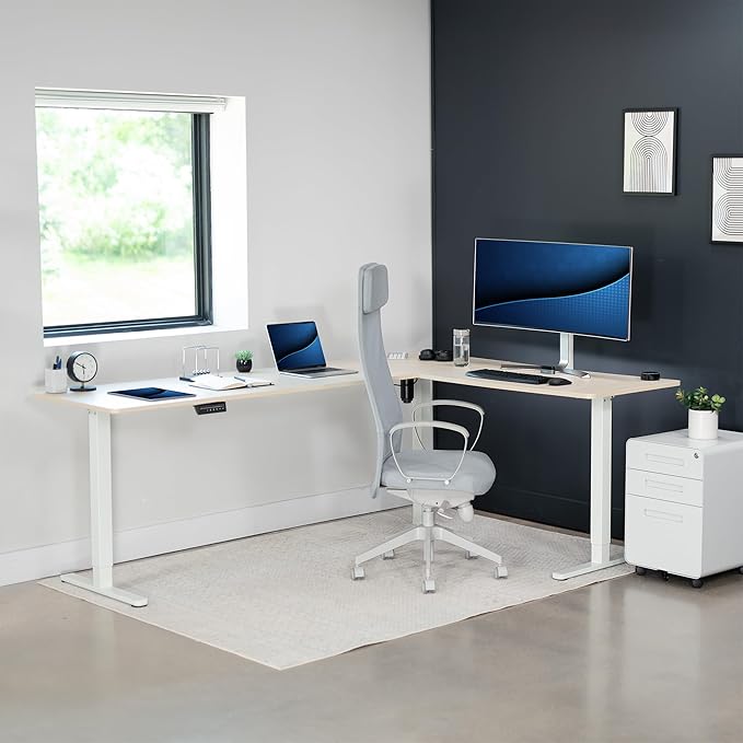 VIVO Electric Corner 84 x 63 inch L-Shaped Standing Desk, Memory Height Adjustment, Light Wood Top White Frame, DESK-E3CTWC-84
