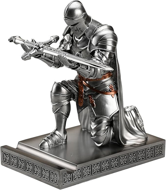Amoysanli Medieval Armored Warrior Wearing Outerwear, Mobile Phone Stand Knight Pen Holder Desk Organizers, Resin Bookends Paperweight with a Letter Opener for Desk (Silver)