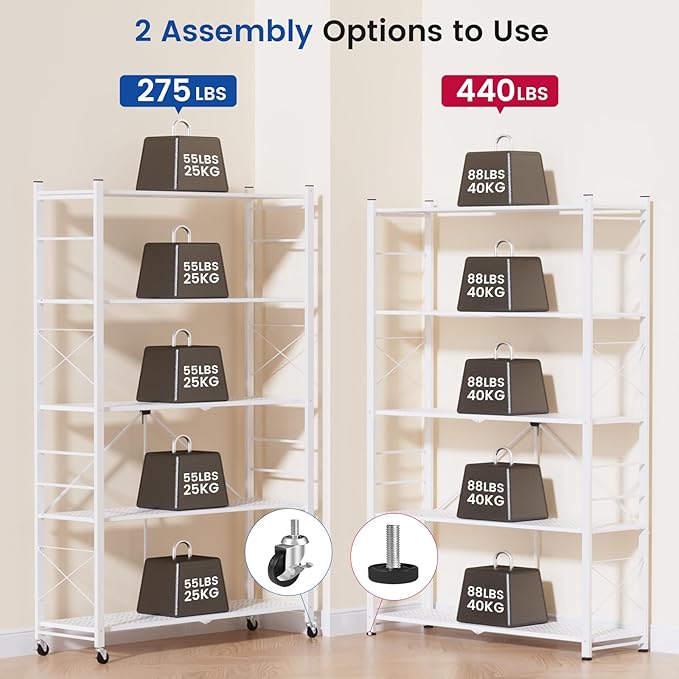 ALANNG 40" W Foldable 5-Tier Storage Shelves with Wheels, Adjustable & Removable Metal Rack, Heavy Duty Rolling Organizer for Kitchen, Garage, Closet, Pantry, and Office (White,1 Pack)