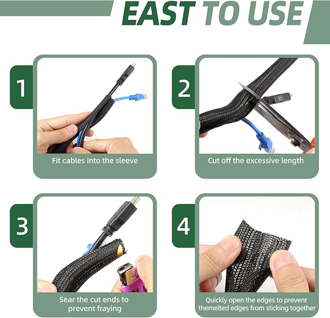 Split Wire Loom Tubing, Cable Protector Sleeve, Braided Cable Management for TV/Computer/Home Theater/Engine Bay, Cord Protectors from Pets No Chew (Black, 3/8"-10ft)