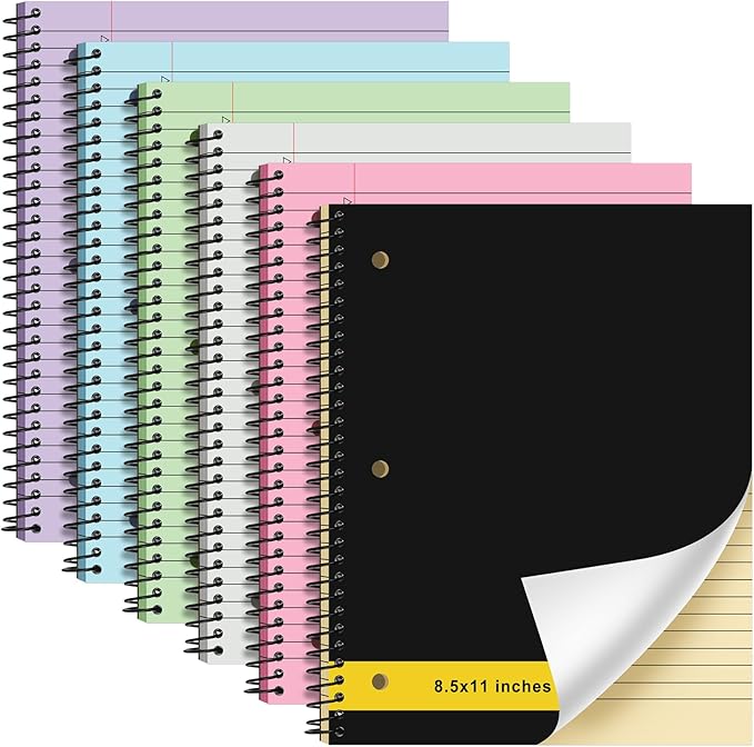 Resurhang 6 Pcs Legal Pad Top Spiral Bound Notebook 70 Sheets Double Sided College Ruled Paper Notepad Memo Steno Pad with Stiff Cover for Business College(8.5 x 11 Inches,3 Hole Punch,6 Colors)
