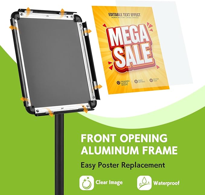 RedChili Floor Standing Sign Holder Stand for 8.5x11 Inches Poster or Chalk Board, Pedestal Sign Holder with Snap Open Frame 8.5" x 11",360° Rotation, Outdoor Indoor Standing Display Sign Holders for Advertising (Black, Round Corner)