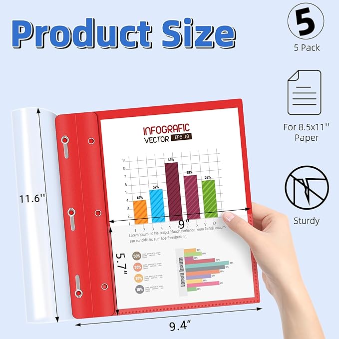 HAUTOCO 5 Pack Plastic Report Covers with 3-Prong Fasteners Clear Front Presentation Folders Resume Folders for 8.5x11 Letter Size Paper, Document Report Cover for School Office Business, Red