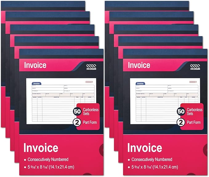 XKDOUS 10 Pack Invoice Book, 2-Part Carbonless, 5-9/16" x 8-7/16" Invoice Receipt Book for Small Business, 50 Sets per Book
