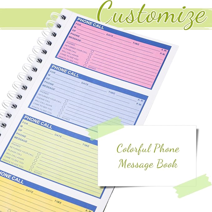 Sinmoe 1 Pcs Spiral Bound Phone Message Book with Carbon Copy 5-1/2" x 11" 2 Part Colorful Carbonless Telephone Message Pads Duplicate Spiral Phone Call Log Book for Business Office (Green,Blue)