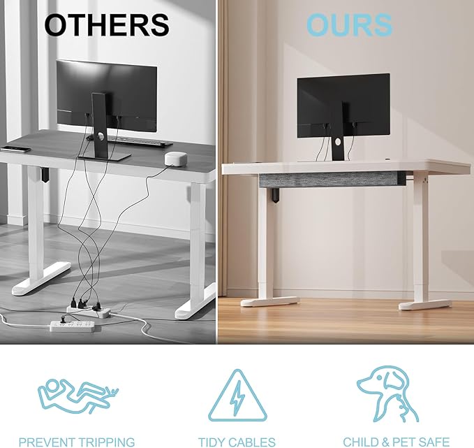 ERGO COLLECT Electric Standing Desk 48 Inch - One-Piece Desktop with Drawer, Cable Management, Wireless Charging & USB Port, Quiet Motor - for Home Office, Light Wood