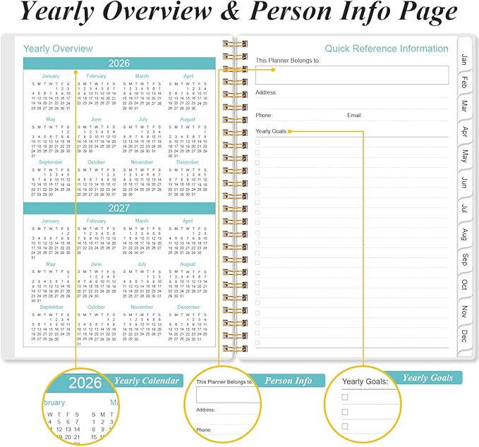 2026 Planner - A5 Weekly & Monthly Planner Spiral Bound, January 2026 - December 2026, with Flexible Cover, Tabs, Inner Pocket, 6.4" x 8.5", Rose Leaf