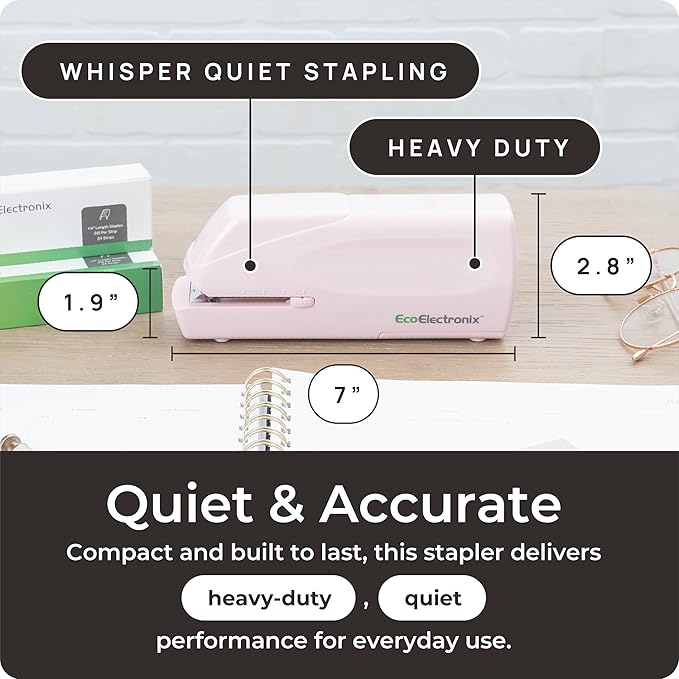 EcoElectronix Portable Automatic Electric Stapler Pro - 30 Sheet Capacity, Quiet Operation, Jam-Free and Easy Reload - AC Adapter/Battery Powered (Pink)