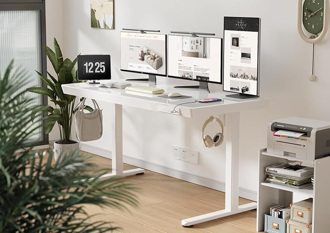 Claiks Glass Standing Desk with Drawers, 55 Inch Adjustable Stand Up Desk, Quick Install Home Office Computer Desk with USB Ports, White