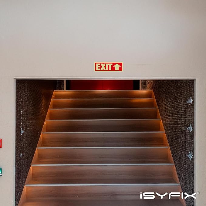 iSYFIX Exit Signs with Directional Up Arrow - 6 Pack 12x4 Inch Glow in the Dark for Business, School, Office, Warehouse - Durable 40 Mil Polystyrene, UV Laminated, Waterproof, Scratch & Fade Resistant