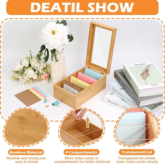 3x5 Index Card Holder with Dividers Bamboo Index Card Organizer Index Card Storage Box 150 Index Flash Cards 25 Index Cards Dividers 2 Letter Smile Stickers for Office Business Home (3 x 5 Inches)