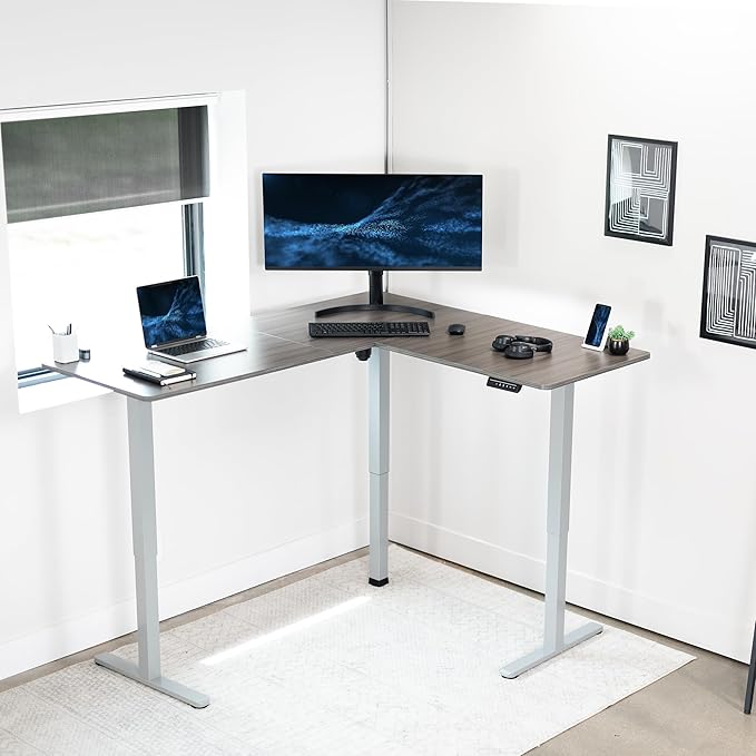 VIVO Electric Corner 63 x 55 inch L-Shaped Standing Desk, Memory Height Adjustment, Dark Gray Top Gray Frame, DESK-E3CTGG