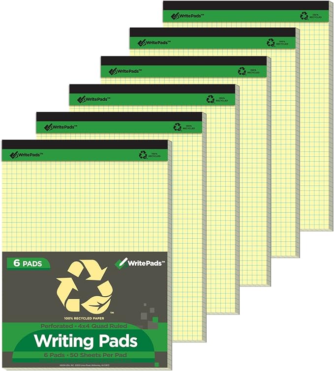 KAISA Graph Paper Legal Pads Writing Pads Recycled Paper 8.5"x11.75" Quad Ruled 4x4 Perforated 50 sheets/pad Grid Paper Yellow Notepads Writing Tablet For Office Supplies (Canary 6pad, 8.5x11.75'')