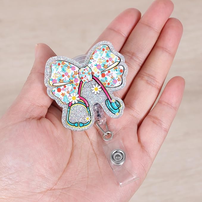 Cute Floral Bow Stethoscope Doctor Badge Reel, Funny Retractable ID Card Healthcare Badge Holders, Name Tag Medical Badge Clip for CNA LPN RN MA ER Night Shift Nurse Pediatric Doctor Gift, Acrylic